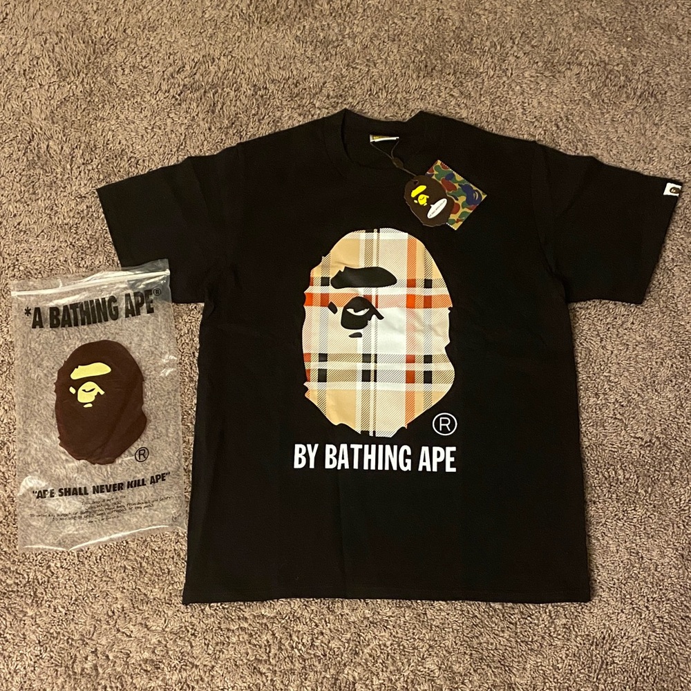 Bape Black Tee with Burberry Ape Design size-M